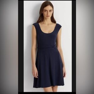 Lauren Ralph Lauren Miralavia Fit & Flare Navy Jersey Stretch Dress Size 14